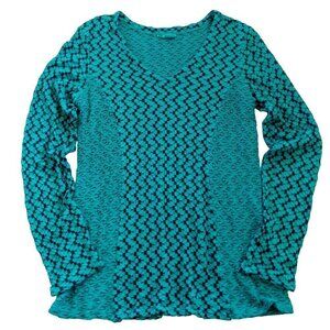 Tianello Long Sleeve Tesa Blouse Size M Teal Black V Neck Stretch Top Jacquard